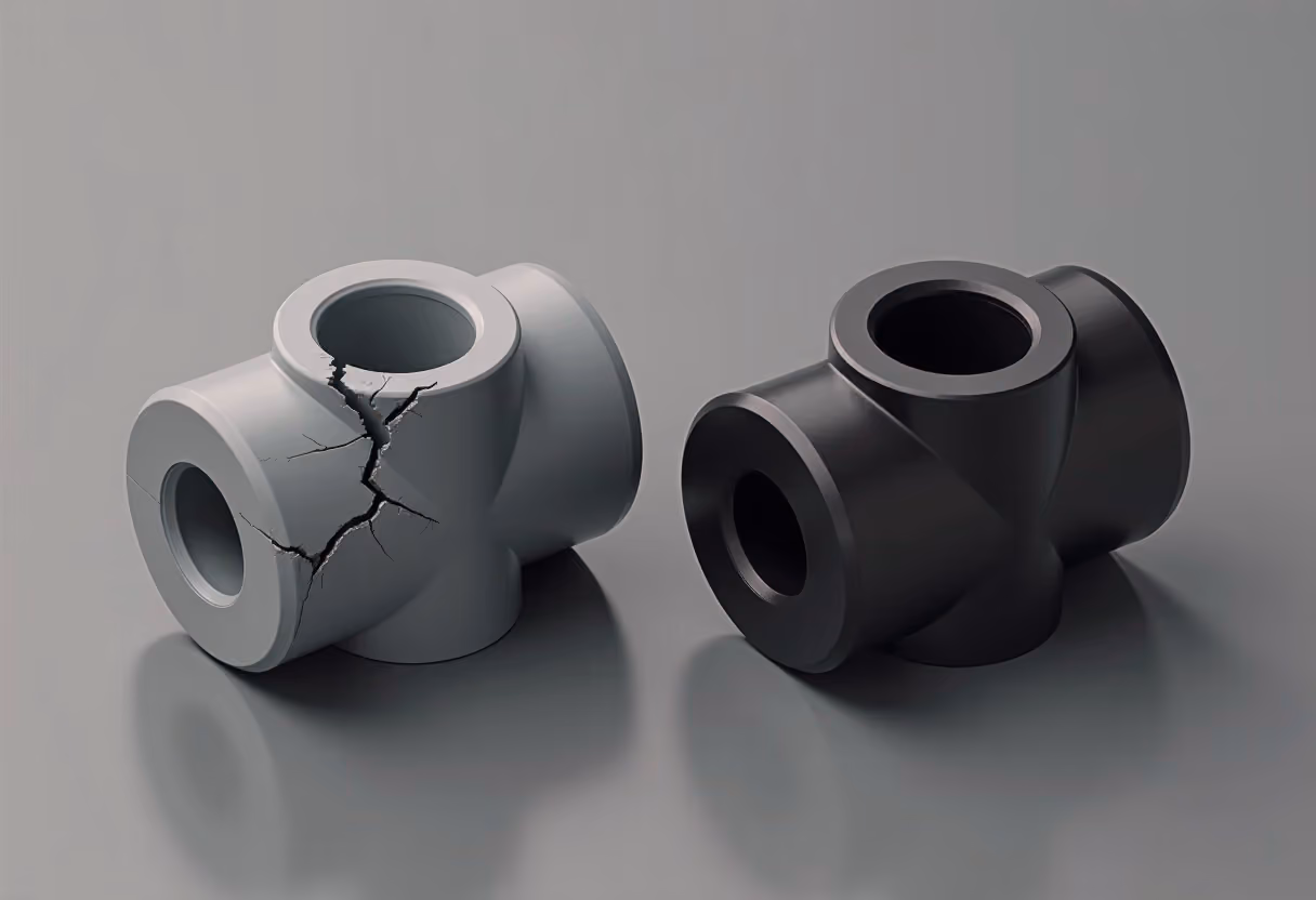 A broken plastic part beside its 3D printed replacement